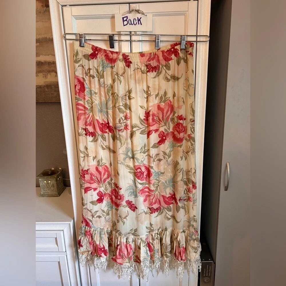 Vintage Angel Pie Floral Rose‎ Lace Trim Ruffle Maxi Skirt XLarge